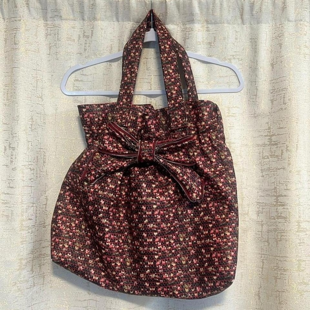 Thea B. Tweed Bow Tote Bag Womens Large Burgundy Pink Zipper Romantic Girly
